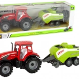 Piros traktor zöld vetőgéppel, súrlódásos meghajtással