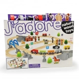 Fából készült vonatpálya híddal és kiegészítőkkel