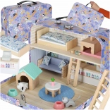 Hordozható fa házikó bőröndben – kisállat-szálló bútorokkal és figurákkal