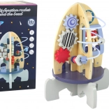 Fából készült oktatórakéta gyöngylabirintussal és fogaskerekekkel