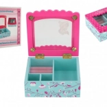 Fa ékszerdoboz virágokkal és tükörrel, türkiz–rózsaszín