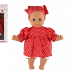 Baba játék 30 cm piros pöttyös ruhácskában kendővel