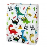 Papír ajándéktáska dinoszauruszokkal, fehér kockás, 32 × 26 × 10 cm