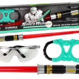 Kozmikus szett: türkiz fénnyel világító fénykard és védőszemüveg hanghatásokkal