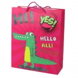 Rózsaszín papír ajándéktáska krokodillal 32 × 26 × 10 cm