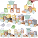 Fa vonat kocsikkal és építőkockákkal