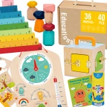 Tooky Toy montessori oktató doboz 6 az 1-ben: zárdoboz, egyensúlyozó kövek, időjárás tábla, számolás 1–10, színezők és könyv
