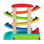 Kaszkádos autópálya 4 kisautóval, fa és műanyag, 33 × 32 × 10 cm