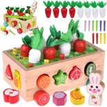 Fából készült Montessori kerti kocsika betakarítható répákkal, formákkal és mágneses kukacokkal