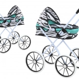Babakocsi babáknak összecsukható napfénytetővel, nagy kerekekkel, zebra mintával – türkiz