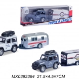 Terepjáró dzsip lakókocsis utánfutóval – felhúzós fém modell