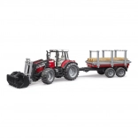 BRUDER traktor MASSEY FERGUSON 7480 homlokrakodóval és rönkszállítóval