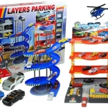 Többszintes garázs autókkal és helikopterrel