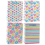 Színes ajándéktáska szívek, csillagok, pöttyök, csíkok