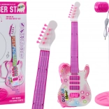 Rózsaszín gyermek elektromos gitár állvánnyal és mikrofonnal, elemes