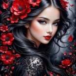 Gyémántfestés fekete hajú hölgy piros virágokkal 30x40cm