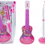 Rózsaszín gyerek elektromos gitár állvánnyal és mikrofonnal elemmel működő