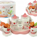 Fa teás készlet rózsaszín virágokkal és eperrel