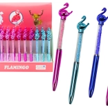 Golyóstoll flamingó figurával és csillogó kövecskékkel, kék betét 0,7 mm (színkeverék)