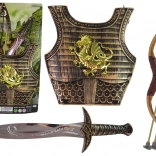 Gyermek szamuráj jelmez arany páncéllal, íjjal és karddal