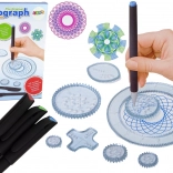 Oktató spirográf filctollakkal és sablonokkal