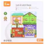 Fa Montessori manipulációs ház alakú tábla zárakkal és reteszekkel