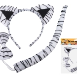 Farsangi szett – fehér tigris (fejpánt, farok és csokornyakkendő)