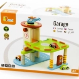 Fából készült garázs kisautókkal és helikopterrel