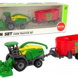Kombájn utánfutóval – zöld‑piros mezőgazdasági gép, műanyag játék