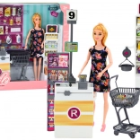 Baba a szupermarketben polcokkal, bevásárlókosárral és élelmiszerekkel