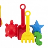 Műanyag homokozókészlet lapáttal, gereblyével és formákkal hálóban